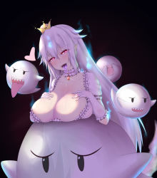 Rule 34 | 1girl, aura, blush, boo (mario), breast rest, breasts, cleavage, collar, collarbone, colored tongue, commentary, covering own eyes, crown, dress, drooling, frilled collar, frilled dress, frilled gloves, frills, gem, glint, gloves, hair between eyes, hair flaps, half-closed eyes, hands on own chest, hands up, head tilt, heart, heart-shaped pupils, large breasts, long hair, looking at viewer, luigi&#039;s mansion, mario (series), mini crown, naughty face, new super mario bros. u deluxe, nikuku (kazedesune), nintendo, open mouth, pale skin, piercing, pink eyes, princess king boo, puffy short sleeves, puffy sleeves, purple tongue, saliva, see-through, shade, sharp teeth, short sleeves, sidelocks, smile, super crown, symbol-shaped pupils, teeth, tongue, tongue out, tongue piercing, very long hair, white collar, white dress, white gloves, white hair