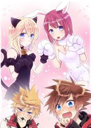 Rule 34 | 2boys, 2girls, animal ears, artist request, bare shoulders, bell, black dress, blonde hair, blue eyes, blush, breasts, brown hair, bunny girl, cat ears, cat girl, cat gloves, cat tail, cleavage, closed mouth, couple, covering own mouth, dress, embarrassed, gloves, hair between eyes, hand up, hands up, hetero, jacket, jewelry, kairi (kingdom hearts), kingdom hearts, kingdom hearts i, kingdom hearts ii, long hair, looking at another, looking at viewer, medium hair, multiple boys, multiple girls, namine, open mouth, pendant, rabbit ears, rabbit tail, red hair, ring, roxas, short hair, sora (kingdom hearts), spiked hair, standing, surprised, sweat, tail, teeth, upper body, white dress, wide-eyed