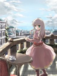 Rule 34 | 1girl, ahoge, balcony, bow, capelet, chair, cityscape, cloud, cup, day, dress, green eyes, highres, long hair, ocean, open mouth, original, pink dress, risutaru, saucer, silver hair, sky, smile, solo, table, teacup, teapot