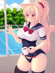 Rule 34 | 1girl, animal ear fluff, animal ears, blonde hair, blush, breasts, cat ears, cat tail, commentary, crop top, cup, english commentary, highres, impossible clothes, impossible swimsuit, large breasts, long hair, looking at viewer, mug, nottytiffy, one-piece swimsuit, original, ponytail, red eyes, school uniform, serafuku, slit pupils, smile, solo, swimsuit, swimsuit under clothes, tail, thighhighs, tiffy (nottytiffy), window