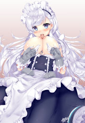 Rule 34 | 1girl, azur lane, belfast (azur lane), blue eyes, blush, braid, breast sucking, breasts, breasts out, chain, gloves, gradient background, highres, large breasts, licking, licking nipple, long hair, looking at viewer, maid, maid headdress, miya sakaori, nipple stimulation, nipples, open mouth, saliva, self breast sucking, signature, silver hair, solo, tongue, two nipples one mouth, white gloves