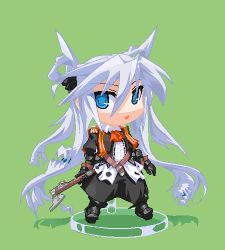 Rule 34 | 1girl, armor, axe, blue eyes, boots, bow, female focus, gauntlets, hair bow, hatchet, hatchet (axe), living hair, long hair, lowres, mof, mof&#039;s silver haired twintailed girl, oekaki, original, silver hair, simple background, solo, twintails, very long hair, weapon