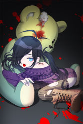 Rule 34 | 1girl, :o, black hair, blood, blue eyes, boots, child, dress, fang, hair over one eye, long hair, lowres, markings, off shoulder, open mouth, pale skin, sitting, solo, stuffed animal, stuffed toy, sweater, sweater dress, sword girls, tattoo, teddy bear, thighhighs, torn clothes, torn thighhighs, twintails, vampire