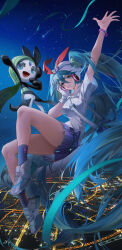 Rule 34 | 1girl, absurdres, alice (mcaredor), arm up, beanie, bracelet, collared shirt, commentary request, creatures (company), day, game freak, gloves, green hair, grin, hand up, hat, hatsune miku, highres, jewelry, long hair, nintendo, outdoors, pokemon, pokemon (creature), project voltage, psychic miku (project voltage), shirt, shoes, shooting star, short sleeves, single glove, skirt, sky, smile, sneakers, socks, teeth, twintails, vocaloid