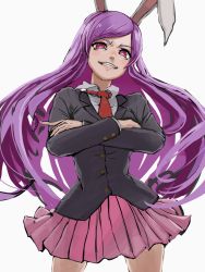 Rule 34 | 1girl, animal ears, blazer, buttons, collared shirt, commentary request, cookie (touhou), cowboy shot, crossed arms, grin, highres, hisui (cookie), jacket, johnnyyyyy, long hair, long sleeves, looking at viewer, necktie, pink skirt, pleated skirt, purple hair, rabbit ears, red eyes, red necktie, reisen udongein inaba, shirt, simple background, skirt, smile, solo, swept bangs, touhou, very long hair, white background, white shirt
