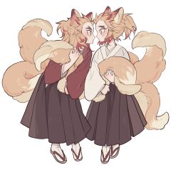 Rule 34 | 2boys, animal ears, blonde hair, brothers, closed mouth, colored tips, commentary request, eye contact, face-to-face, forked eyebrows, fox boy, fox ears, fox tail, full body, hakama, highres, holding own tail, japanese clothes, kemonomimi mode, kimetsu no yaiba, long sleeves, looking at another, male focus, meremero, multicolored hair, multiple boys, multiple tails, profile, rengoku kyoujurou, rengoku senjurou, sandals, siblings, simple background, smile, socks, standing, tail, white background, white socks, wide sleeves