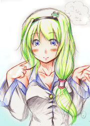 Rule 34 | 1girl, alternate hairstyle, blue eyes, blush, breasts, cleavage, detached sleeves, female focus, frog, frog hair ornament, green hair, hair ornament, hair tubes, hairband, hairpin, impossible clothes, kemu inu, kochiya sanae, long hair, long sleeves, sketch, smile, snake hair ornament, solo, touhou, upper body, white background
