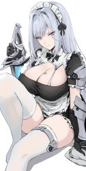 Rule 34 | 1girl, alternate costume, apron, blue eyes, blush, bow, breast tattoo, breasts, cleavage, closed mouth, dress, enmaided, ethel (xenoblade), frills, gloves, grey hair, haoni, highres, holding, huge breasts, knee up, long hair, looking at viewer, maid, maid apron, maid headdress, puffy sleeves, ribbon, sitting, solo, sword, tattoo, thighhighs, thighs, very long hair, weapon, white background, xenoblade chronicles (series), xenoblade chronicles 3