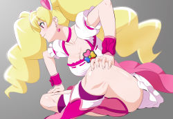Rule 34 | 1girl, blonde hair, breasts, choker, cleavage, closed mouth, cure peach, earrings, fresh precure!, fuchi (nightmare), grey background, hair ornament, heart, heart earrings, heart hair ornament, indian style, jewelry, large breasts, long hair, magical girl, momozono love, pink choker, pink eyes, precure, puffy short sleeves, puffy sleeves, short sleeves, sitting, solo, wrist cuffs