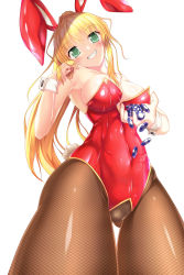 Rule 34 | 1girl, animal ears, bare shoulders, blonde hair, blush, breasts, cameltoe, card, cowboy shot, dutch angle, fishnet pantyhose, fishnets, gluteal fold, high ponytail, highres, large breasts, leotard, long hair, looking at viewer, original, pantyhose, playboy bunny, poker chip, ponytail, rabbit ears, rabbit tail, rankiryuu, simple background, smile, solo, strapless, strapless leotard, tail, teeth, white background, wrist cuffs