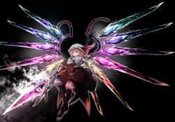 Rule 34 | absurdres, black background, embodiment of scarlet devil, flandre scarlet, floating, flying, highres, holding, holding weapon, kushidama minaka, looking down, red eyes, smile, solo, touhou, weapon, wings