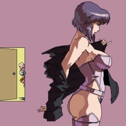 Rule 34 | 1girl, 2boys, artist request, ass, bald, bare shoulders, breasts, commentary, cowboy shot, crossover, curvy, dr norton, eavesdropping, fingerless gloves, from side, ghost in the shell, glasses, gloves, jacket, kusanagi motoko, large breasts, leotard, lowres, multiple boys, no bra, norton, oekaki, old, old man, opaque glasses, open door, os-tan, peeking, peeking out, purple background, purple hair, short hair, simple background, standing, thighhighs, trend micro virus buster, undressing