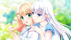 Rule 34 | 2girls, :o, blonde hair, blue eyes, blue ribbon, blue sleeves, blurry, blurry background, blush, breasts, casual, close-up, collarbone, commentary request, food, green eyes, hair between eyes, hair intakes, hair ornament, hairclip, heads together, holding, holding food, holding popsicle, hug, hug from behind, jitome, long hair, looking at another, looking back, multiple girls, naruse shiroha, neck ribbon, open mouth, popsicle, ribbon, shirt, small breasts, sparkle, straight hair, summer pockets, surprised, tsumugi wenders, watermelon bar, white hair, white shirt, wide-eyed, x hair ornament, yoimatsuri (ichimen no)