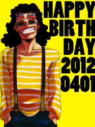 Rule 34 | 10s, 1boy, 2012, birthday, black hair, hands in pockets, male focus, one piece, simple background, smile, solo, sunglasses, usopp