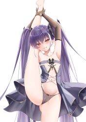 Rule 34 | 1girl, absurdres, armpits, arms behind head, arms up, ass, azur lane, bare legs, black dress, black panties, blush, bound, bound leg, bound wrists, bow, bow panties, breasts, commentary request, cowboy shot, cross, cross-laced clothes, cross-laced dress, crying, crying with eyes open, dress, elbow gloves, embarrassed, fang, felix schultz (azur lane), frown, gloves, groin, highres, iron cross, leg up, legs, long hair, looking at viewer, midriff, navel, panties, parted lips, petite, purple hair, qian hen, red eyes, revealing clothes, skindentation, small breasts, solo, split, standing, standing on one leg, standing split, stomach, tears, thighs, twintails, underwear, very long hair