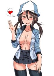 Rule 34 | 1girl, blush, breasts, brown eyes, brown hair, girls und panzer, hand on own thigh, hand up, heart, jacket, keizoku military uniform, large breasts, mika (girls und panzer), mimuni362, no bra, open clothes, open jacket, open mouth, skirt, solo, thighhighs, tulip hat, white background