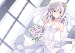 Rule 34 | 10s, 1girl, alternate costume, bare shoulders, blue eyes, blush, bouquet, bow, breasts, bridal veil, bride, c:, cleavage, clothes lift, collarbone, dress, dress lift, dutch angle, elbow gloves, female focus, flower, formal, gloves, hair between eyes, hair flower, hair ornament, jewelry, kantai collection, kashima (kancolle), long dress, long hair, looking at viewer, medium breasts, nagiha kuten, neck, pink flower, pink rose, rose, shade, sidelocks, silver hair, smile, solo, standing, strapless, strapless dress, tiara, tsurime, two side up, veil, wavy hair, wedding dress, white bow, white dress, white flower, white gloves, white rose