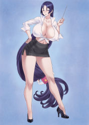 Rule 34 | 1girl, areolae, bangs, black footwear, black high heels, black skirt, blue background, blush, breasts, bursting breasts, cleavage, collar up, collarbone, collared shirt, curvy, dot nose, eyebrows, eyebrows visible through hair, eyelashes, eyes visible through hair, facing viewer, fate/grand order, fate (series), female focus, full body, hand on hip, high heels, highres, huge areolae, huge breasts, huge cleavage, legs, long hair, long legs, looking at viewer, low-tied long hair, matching hair/eyes, microskirt, midriff, minamoto no raikou (fate), miniskirt, mogudan, navel, no bra, open mouth, pencil skirt, pointer, puffy areolae, purple eyes, purple hair, shirt, shuten douji (fate), shuten douji (fate/grand order), shuten douji (halloween caster) (fate), simple background, skirt, sleeves rolled up, solo, solo focus, standing, thin eyebrows, tied shirt, tight, tight shirt, very long hair, white shirt