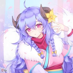 Rule 34 | 1girl, bow, braid, commentary, curled horns, flower, fur collar, hair between eyes, hair bow, hand up, horns, japanese clothes, kimono, kindred (league of legends), lamb (league of legends), league of legends, long hair, long sleeves, looking at viewer, obi, official alternate costume, parted lips, petals, pink eyes, pink kimono, pong (vndn124), puffy long sleeves, puffy sleeves, purple hair, sash, side braid, spirit blossom kindred, twin braids, upper body, yellow bow, yellow flower
