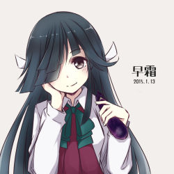 Rule 34 | 10s, 1girl, 2015, black hair, bow, bowtie, brown eyes, character name, colis (regunm772), dated, eggplant, elbow rest, hair over one eye, hair ribbon, hayashimo (kancolle), head rest, head tilt, kantai collection, long hair, long sleeves, looking at viewer, ribbon, school uniform, shirt, simple background, smile, solo, white shirt