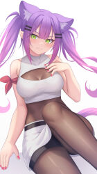Rule 34 | 1girl, absurdres, animal ear fluff, animal ears, aoi zerii, bare shoulders, breasts, cat ears, cat girl, cat tail, cleavage, closed mouth, collarbone, gradient hair, green eyes, hair between eyes, highres, hololive, long hair, looking at viewer, medium breasts, multicolored hair, pantyhose, pink hair, purple hair, see-through, see-through cleavage, solo, tail, thighs, tokoyami towa, virtual youtuber
