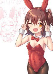 Rule 34 | 1girl, :d, ;d, = =, animal ears, bare shoulders, binsen, blush, bow, bowtie, breasts, brown eyes, brown hair, brown pantyhose, cleavage, closed eyes, collar, covered navel, detached collar, fake animal ears, hair between eyes, hair ornament, hairband, heart, heart in mouth, highres, idolmaster, idolmaster million live!, kasuga mirai, leotard, looking at viewer, medium breasts, multiple views, one eye closed, one side up, open mouth, pantyhose, playboy bunny, rabbit ears, rabbit hair ornament, red hairband, red leotard, red neckwear, smile, strapless, strapless leotard, white collar, wing collar, wrist cuffs