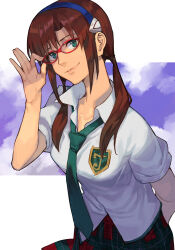 Rule 34 | 1girl, adjusting eyewear, arm behind back, blue hairband, brown hair, closed mouth, collared shirt, glasses, green eyes, green necktie, hairband, hand up, hungry clicker, interface headset, looking at viewer, low twintails, makinami mari illustrious, medium hair, necktie, neon genesis evangelion, plaid, plaid skirt, red-framed eyewear, school uniform, shirt, short sleeves, skirt, smile, solo, twintails, upper body, white shirt