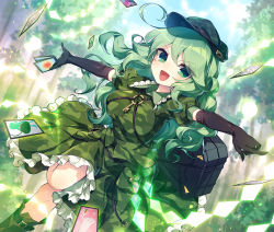 Rule 34 | 1girl, animal, animal ears, animal print, arms up, bag, belt, black bag, black belt, black gloves, blue sky, blush, boots, breasts, bush, camouflage, card, carrot, cloud, cloudy sky, collared dress, colored skin, commentary request, danmaku, dress, elbow gloves, eyes visible through hair, food, forest, frills, gloves, green belt, green dress, green eyes, green footwear, green hair, green hat, hair between eyes, hands up, hat, highres, jewelry, key, key necklace, kozakura (dictionary), large breasts, leaf, leg up, looking to the side, medium hair, nature, necklace, open mouth, pink skin, pocket, pointing, puffy short sleeves, puffy sleeves, rabbit, rabbit ears, running, short sleeves, sky, smile, solo, tongue, touhou, tree, unconnected marketeers, v-shaped eyebrows, yamashiro takane