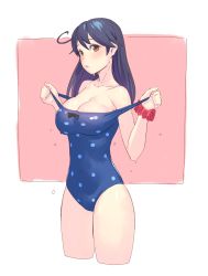 Rule 34 | 10s, 1girl, :o, ahoge, bare arms, bare shoulders, black bow, blue one-piece swimsuit, bow, breasts, brown eyes, casual one-piece swimsuit, cleavage, collarbone, commentary request, covered navel, cropped legs, head tilt, highres, kantai collection, large breasts, long hair, looking at viewer, one-piece swimsuit, parted lips, polka dot, polka dot swimsuit, pulling own clothes, scrunchie, solo, standing, strap pull, sweat, swimsuit, tareme, thighs, two-tone background, ushio (kancolle), wrist scrunchie, yuuji (and)
