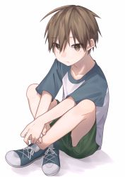 Rule 34 | 1boy, aikagi sheena, brown eyes, brown hair, child, full body, highres, looking at viewer, male focus, original, raglan sleeves, shirt, shoes, shorts, simple background, sneakers, solo, t-shirt, white background