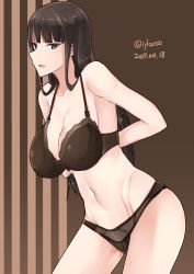 Rule 34 | 10s, 1girl, absurdres, adjusting bra, adjusting clothes, blunt bangs, bra, breasts, brown background, brown eyes, brown hair, dated, from side, girls und panzer, groin, highres, irukatto, large breasts, leaning forward, long hair, looking at viewer, mature female, midriff, navel, nishizumi shiho, parted lips, signature, solo, stomach, striped, striped background, thighs, twitter username, underwear, vertical stripes