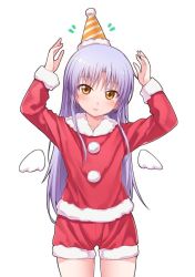 Rule 34 | 10s, 1girl, angel beats!, chobipero, christmas, hat, jpeg artifacts, long hair, looking at viewer, party hat, purple hair, santa costume, silver hair, simple background, smile, solo, tenshi (angel beats!), white background, wings, yellow eyes
