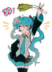 Rule 34 | 1girl, 39, aqua hair, aqua necktie, arm up, artist name, black sleeves, blush, closed eyes, commentary, cowboy shot, detached sleeves, english commentary, food, hair between eyes, hatsune miku, highres, holding, holding food, holding spring onion, holding vegetable, kaogens, long bangs, long hair, miku day, miniskirt, necktie, open mouth, parted bangs, pleated skirt, shirt, simple background, skirt, smile, solo, spring onion, standing, thighhighs, twintails, v, vegetable, very long hair, vocaloid, white background, zettai ryouiki