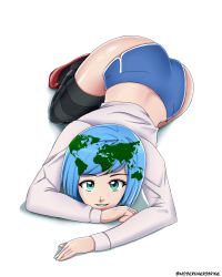 Rule 34 | 1girl, ass, blue eyes, blue shorts, earth-chan, looking at viewer, original, short hair, shorts, smile, solo, source request, thighhighs, white background