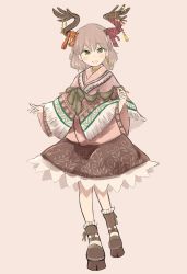 Rule 34 | 1girl, :d, absurdres, antler ornament, antlers, bad id, bad twitter id, blush, boots, brown footwear, brown skirt, capelet, dress, earrings, full body, green eyes, grey hair, highres, horns, jewelry, long sleeves, looking at viewer, open mouth, original, pink dress, short hair, simple background, single earring, skirt, smile, solo, standing, tassel, tsukiori, white background