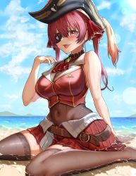 Rule 34 | 1girl, akiaki aki, arrow through heart, ascot, beach, black thighhighs, blush, breasts, brooch, cloud, cropped jacket, day, eyepatch, fang, hair between eyes, hair ribbon, hat, highres, hololive, houshou marine, jacket, jewelry, large breasts, leotard, long hair, outdoors, partially submerged, pirate hat, pleated skirt, red eyes, red hair, red jacket, red ribbon, red skirt, ribbon, see-through, see-through leotard, sitting, skirt, sleeveless, sleeveless jacket, smile, solo, thighhighs, virtual youtuber, wariza, water