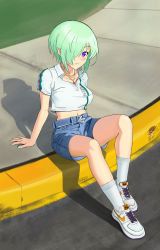 Rule 34 | 1girl, absurdres, arm support, blouse, blue shorts, casual, collarbone, collared shirt, crop top, druj (jahy), green hair, green nails, highres, jahy-sama wa kujikenai!, jewelry, light blush, looking at viewer, midriff, nail polish, navel, necklace, on ground, one eye covered, pavement, pointy ears, purple eyes, road, shirt, shoes, short hair, short sleeves, shorts, signature, sitting, socks, solo, street, wah awh, white footwear, white shirt, white socks