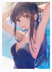 Rule 34 | 1girl, arms behind head, arms up, black hair, blue one-piece swimsuit, blurry, blurry background, blush, breasts, brown eyes, commentary, copyright request, english commentary, hair tie in mouth, highres, kita (kitairoha), long hair, looking at viewer, medium breasts, mouth hold, one-piece swimsuit, original, solo, swimsuit, tying hair, upper body, water