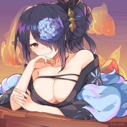 Rule 34 | 1girl, black hair, breasts, cassandra (dragalia lost), dragalia lost, hair bun, hair over one eye, highres, japanese clothes, jewelry, kimono, large breasts, looking at viewer, official alternate costume, po pooch, red eyes, single hair bun, upper body, yukata