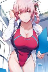 Rule 34 | 1girl, blush, braid, breasts, cleavage, collarbone, competition swimsuit, fate/grand order, fate (series), florence nightingale (fate), tucking hair, holding, large breasts, leaning forward, looking at viewer, miyamoto issa, one-piece swimsuit, open clothes, open shirt, parted lips, pink eyes, pink hair, shirt, short hair, solo, swimsuit, twin braids, white shirt