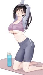 Rule 34 | black hair, bottle, breasts, cleavage, highres, hitomi o, large breasts, long hair, navel, open mouth, original, pants, shorts, simple background, stretching, underboob, water bottle, yoga pants