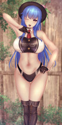 Rule 34 | 1girl, black gloves, black hat, black panties, blue hair, boots, breasts, brown footwear, bush, bustier, clothes writing, detached collar, food, fruit, gloves, hand on own hip, hat, highres, hinanawi tenshi, large breasts, leaf, long hair, midriff, navel, necktie, one eye closed, open mouth, panties, peach, race queen, rainbow order, red eyes, red necktie, short sleeves, shounen (hogehoge), shrug (clothing), smile, solo, thigh boots, thighhighs, thighs, thong, touhou, underbust, underwear