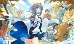 Rule 34 | 1girl, 3girls, :d, armor, bare shoulders, bird, black hair, breasts, cat princess, chinese clothes, cloud retainer (genshin impact), crane (animal), dress, food, genshin impact, grey hair, guizhong (genshin impact), guoba (genshin impact), holding, holding plate, leaf, looking at viewer, madame ping (genshin impact), medium breasts, moon carver (genshin impact), mountain, mountain shaper (genshin impact), multiple girls, open mouth, plate, short hair with long locks, shoulder armor, sideboob, sleeves past fingers, sleeves past wrists, smile, table, tree, white dress, withered, xianyun (genshin impact), zhongli (genshin impact)