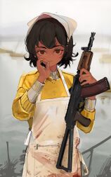 Rule 34 | 1girl, absurdres, aks-74u, apron, assault rifle, black hair, blood, blood on clothes, brown eyes, cigarette, closed mouth, dark-skinned female, dark skin, expressionless, gun, half-closed eyes, hand up, headdress, highres, holding, holding cigarette, holding gun, holding weapon, kalashnikov rifle, looking at viewer, military, original, outdoors, polilla, rifle, short hair, solo, standing, sweater, weapon, white apron, yellow sweater