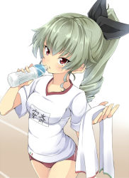 Rule 34 | 10s, 1girl, alternate costume, amai nekuta, anchovy (girls und panzer), black ribbon, blush, bottle, buruma, cowboy shot, drill hair, eyebrows, from above, girls und panzer, gym uniform, hair ribbon, holding, holding bottle, long hair, looking at viewer, name tag, ponytail, red eyes, ribbon, short sleeves, solo, towel, v-neck, water bottle