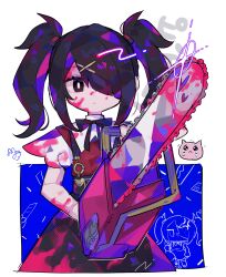 Rule 34 | 1girl, ame-chan (needy girl overdose), black hair, black ribbon, blood, blood on clothes, blood on face, bloody weapon, chainsaw, closed mouth, collared shirt, commentary request, cowboy shot, crying, crying with eyes open, emoji, glint, hair ornament, hair over one eye, highres, holding, holding chainsaw, long hair, looking at viewer, neck ribbon, needy girl overdose, pien cat (needy girl overdose), pink blood, pleading face emoji, red shirt, ribbon, shirt, skirt, solo, standing, sushiuma m, suspender skirt, suspenders, tears, twintails, weapon, x hair ornament