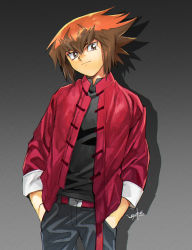 Rule 34 | 1boy, 203wolves, black pants, black shirt, brown eyes, brown hair, casual, closed mouth, gradient background, grey background, hands in pockets, highres, jacket, long sleeves, looking at viewer, male focus, medium hair, multicolored hair, open clothes, open jacket, pants, red jacket, shadow, shirt, signature, solo, spiked hair, two-tone hair, yu-gi-oh!, yu-gi-oh! gx, yuki judai