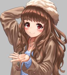 Rule 34 | 1girl, blue shirt, blush, brown coat, brown hair, brown hat, coat, collarbone, commentary request, fur hat, grey background, hat, idolmaster, idolmaster cinderella girls, idolmaster cinderella girls starlight stage, jewelry, kamiya nao, long hair, looking at viewer, misogin, necklace, red eyes, shirt, simple background, smile, solo, wavy hair