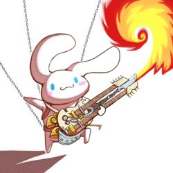 Rule 34 | alison (alison airlines), blue eyes, chain, cinnamoroll, electric guitar, fire, flamethrower, guitar, highres, instrument, mad max, mad max: fury road, no humans, parody, sanrio, simple background, smile, the doof warrior, weapon