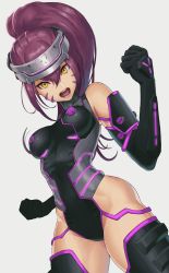 Rule 34 | 1girl, bare shoulders, black gloves, breasts, clenched hands, cowboy shot, elbow gloves, facial mark, gloves, grey background, headgear, highleg, highleg leotard, highres, hip focus, ibuki imina, leotard, long hair, looking at viewer, medium breasts, open mouth, ponytail, purple hair, school girl strikers, shigatsugata, solo, thighhighs, yellow eyes